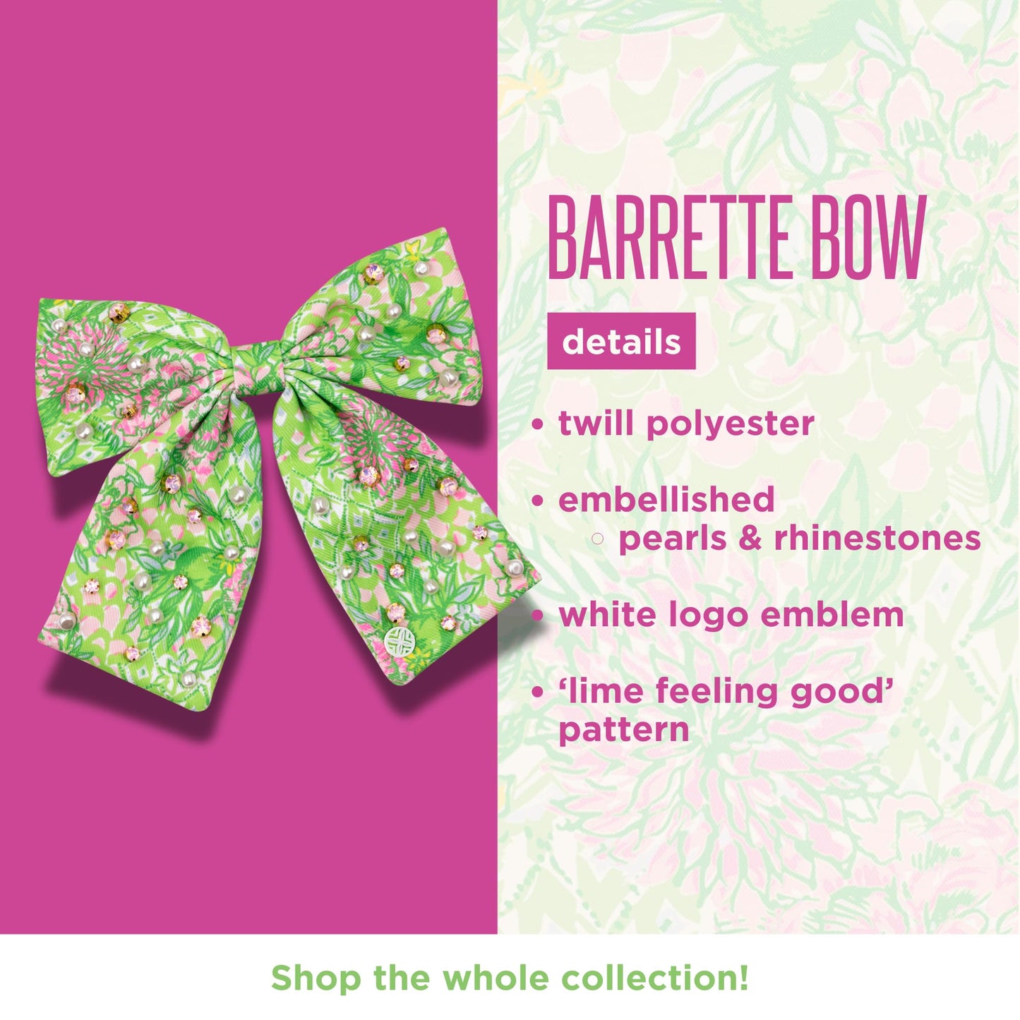 Lilly Pulitzer Hair Bow for Women, Cute Hair Accessories in Green Floral, Lime Feeling Good