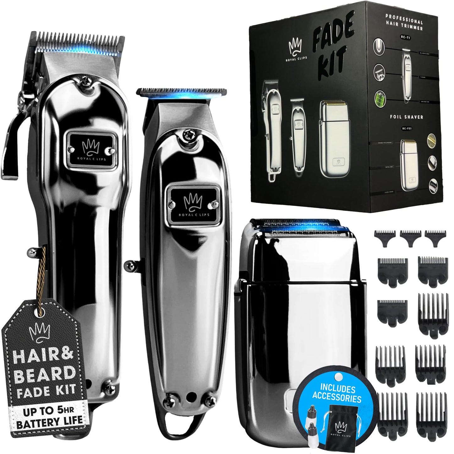 Royal Clips Hair and Beard Fade Kit – Professional Clipper, Trimmer & Foil Shaver Bundle for Men, Complete Haircut Set for Barbers, Home Use & Grooming– Holiday Gift for Men, Fathers, Brothers- Silver