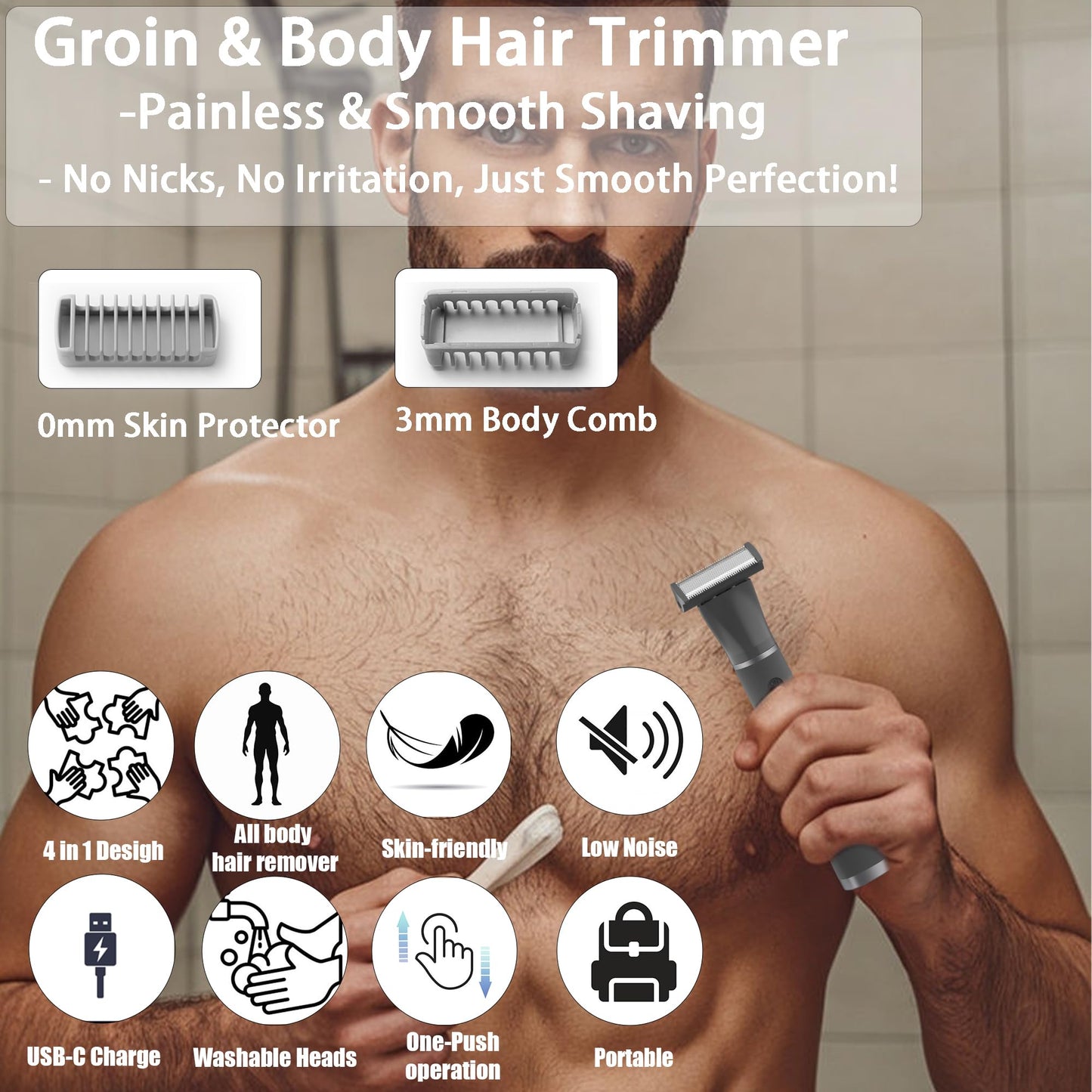 ULAIDO Body Hair Trimmer for Men, 4 in 1 Versatile Trimmer Shavers for Groin/Ball/Beard/Eyebrow/Nose/Ear Hair Shaver, USB-C Electric Pubic Hair Trimmer for Smooth Shaving with Storage Bag