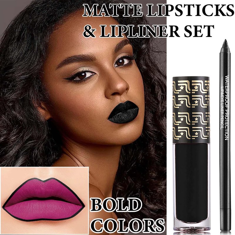 LZYLLS 2 Pcs Lip Liner and Lipstick Set,Pigmented Velvet Lipgloss Kit Black Matte Lipstick Lip Liner Set,Waterproof Black Lip Gloss Stain Liquid Lipstick Set Cosplay Halloween Goth Makeup Gift Kit