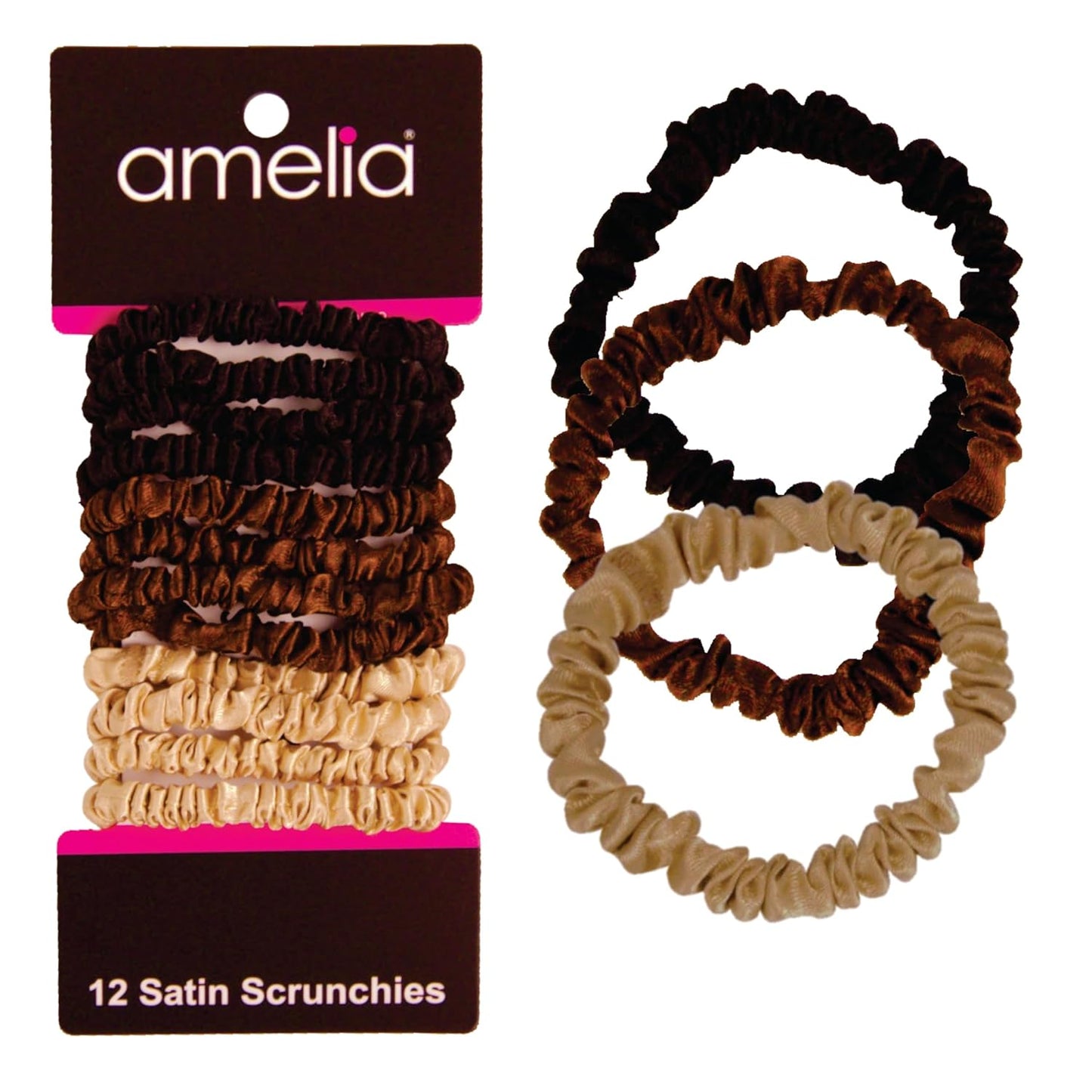 Amelia Beauty, Black, Skinny Satin Scrunchies, 12 Pack – 2in Diameter, Gentle & Strong Hold, No-Snag, No-Dent, Crease-Free Hair Ties