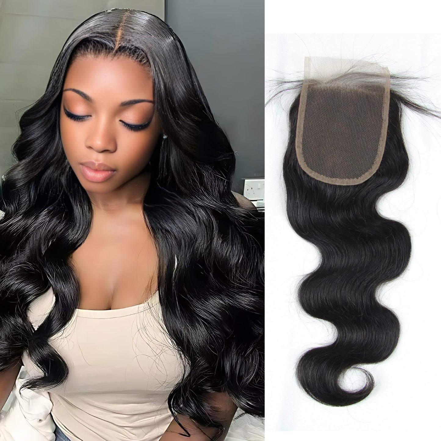 4x4 Lace Closure Body Wave - Transparent HD Free Part Invisible Lace Closure 100% Brazilian Virgin Human Hair Pre Plucked with Baby Hair Natural Black 12A Grade (18 Inch)