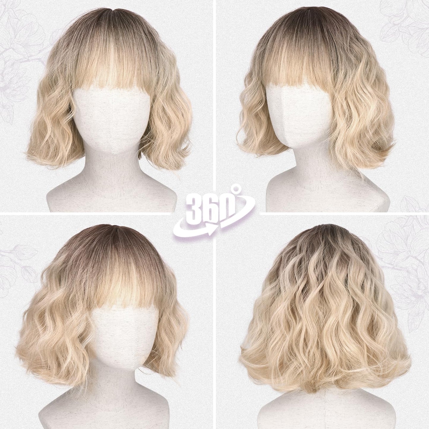 BARSDAR Blonde Ombre Short Wavy Wig with Bangs - Short Wavy Blonde Ombre Wig for Women - Fluffy Soft Synthetic Dark Roots Curly Textured French Bob Wigs with Bangs Natural Looking Face-Framing
