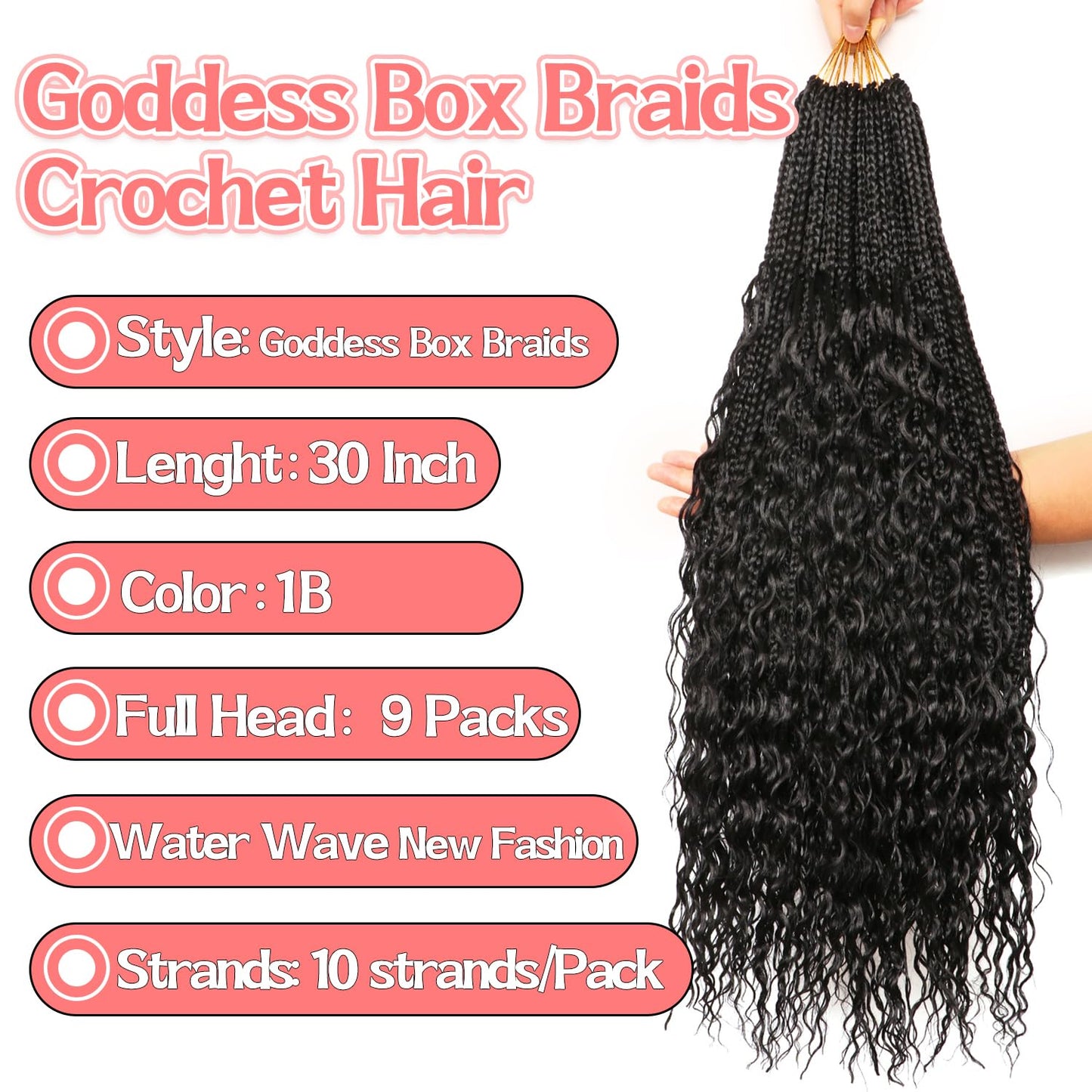 Box Braids Crochet Hair - 30 Inch Water Wave Boho Braids for Black Women | 9 Packs, 1B Color