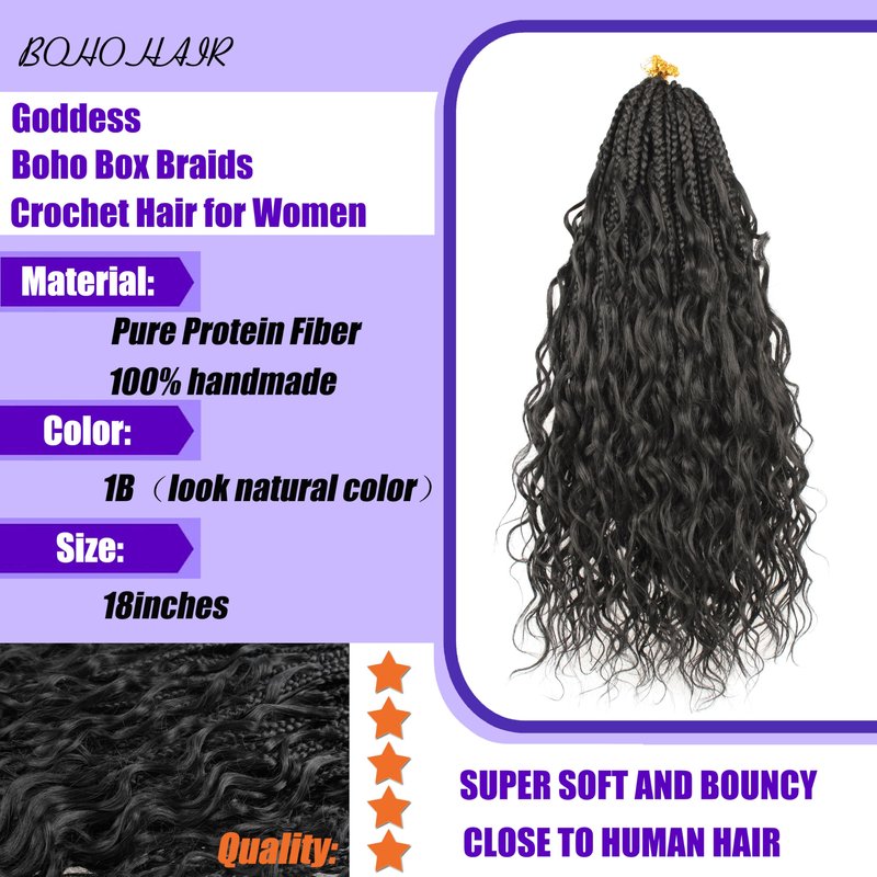 Goddess Box Braids Crochet Hair 18 inch Pure Protein Fiber Close to Human Hair 8 packs Boho Crochet Braids for Black Women Pre looped Bohemian Box Braid with Curly Ends Hair Extensions(18 inch, 1B)