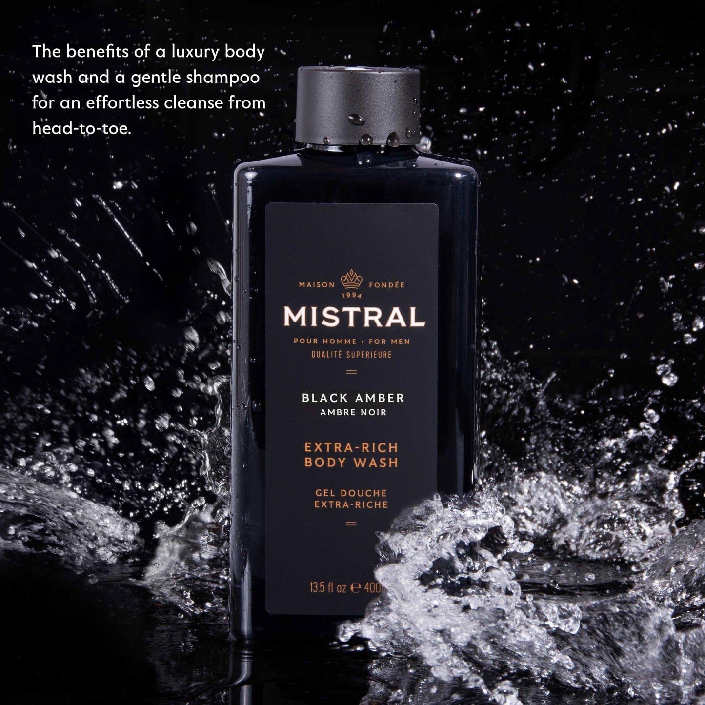 Mistral Black Amber Men's Body Wash & Shampoo for Men, 13.5 oz