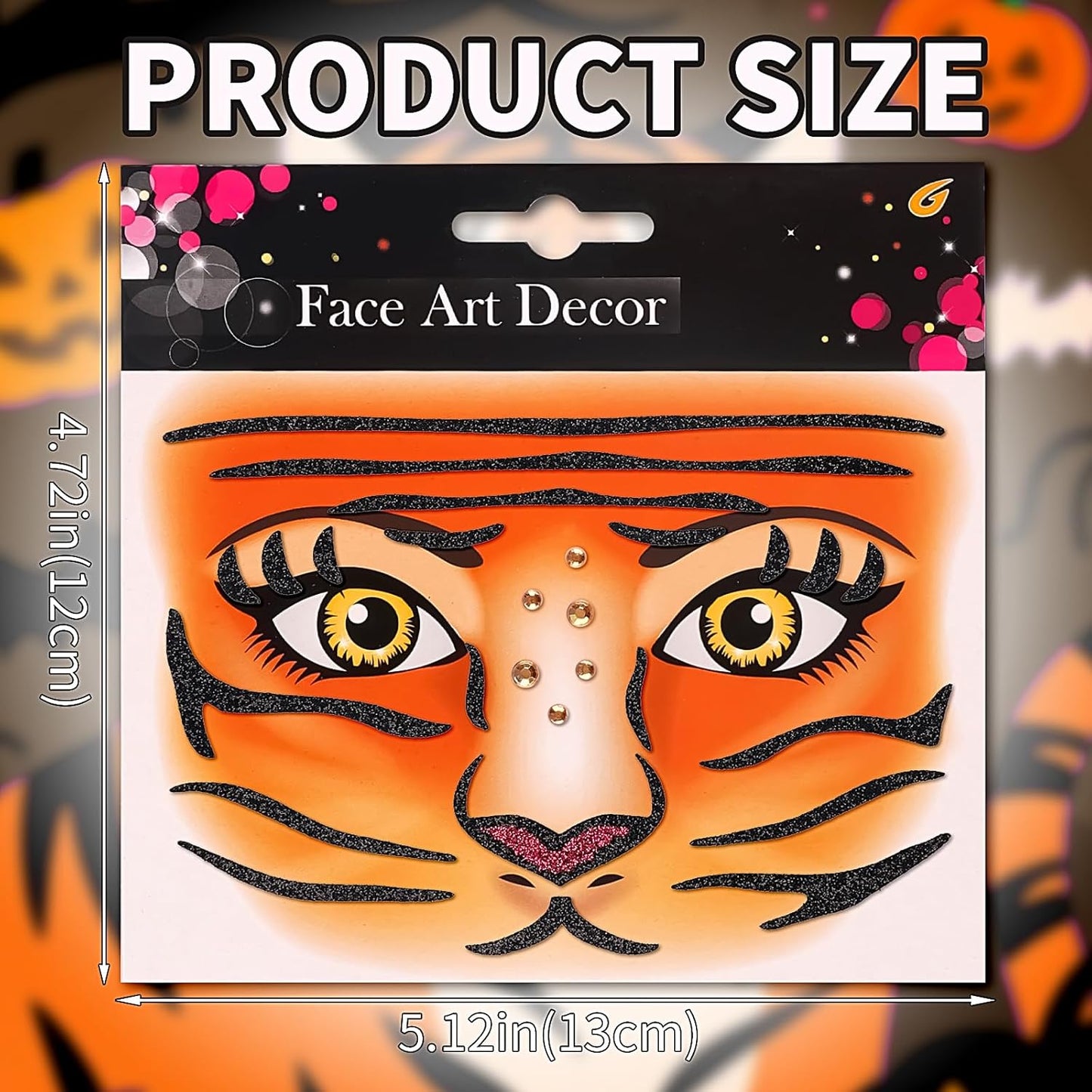 Tiger Face Tattoo Stickers - Glitter Temporary Face Jewels for Adults & Kids | 2 Pcs for Makeup & Party Decor