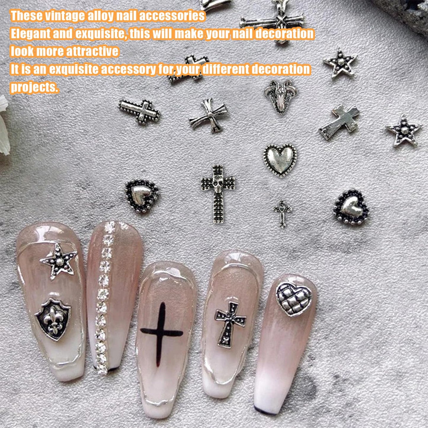 Cross Nail Charms,1Boxes 12Grids 3D Silver Goth Nail Gems,Vintage Metal Alloy Cross Star Heart Nail Charm Rhinestones Studs for Women Girls Manicure Design (B)