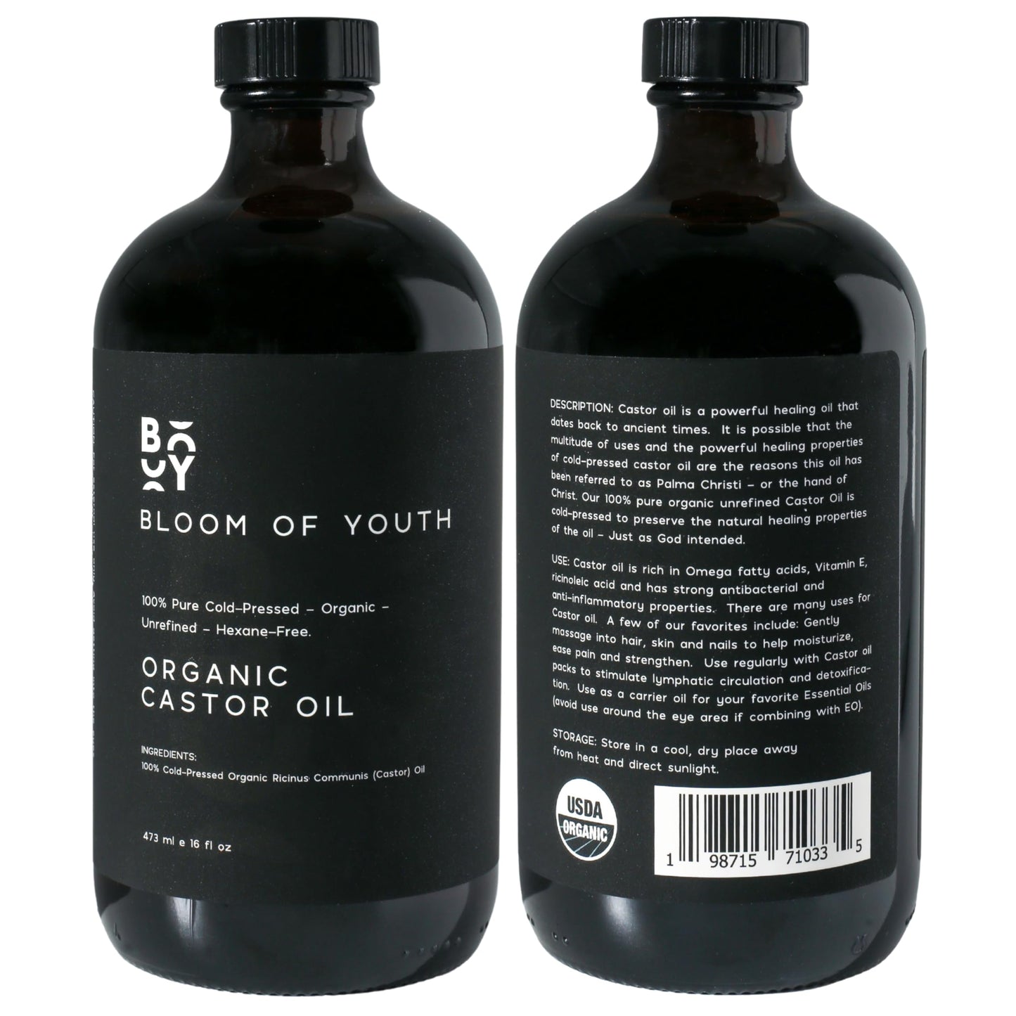 100% Pure Cold Pressed Organic Castor Oil, Glass Bottle 16oz | Hexane Free, Unrefined, USDA Certified | For Hair, Skincare, Castor Oil Pack, Face, Joints, Carrier Oil, Eyelashes, Eyebrows