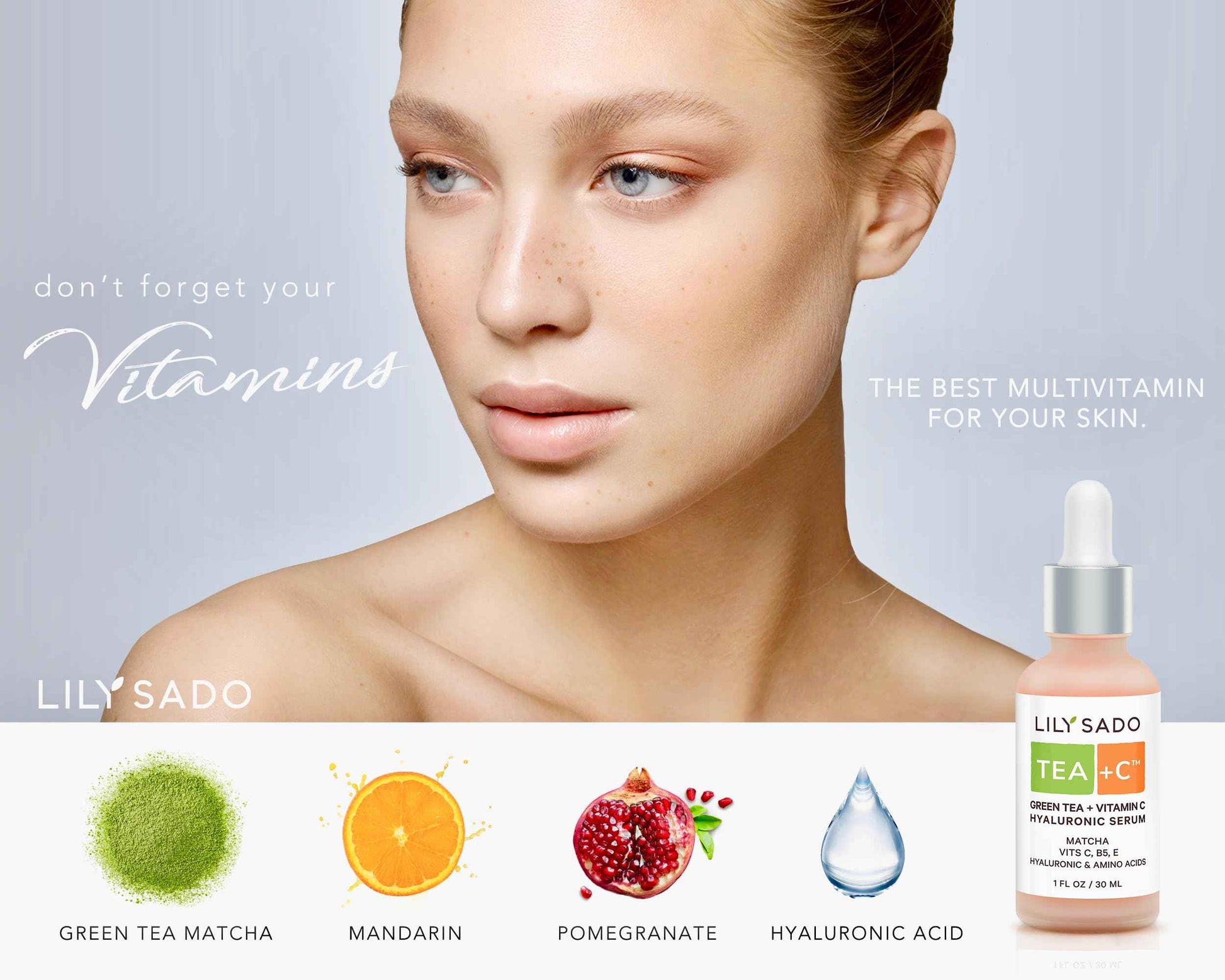 LILY SADO TEA+C Green Tea + Vitamin C Super Serum - Natural Vegan Serum - Best Antioxidant, Anti-Wrinkle Moisturizing Formula - Softens, Hydrates, Firms & Tones for Luscious, Radiant Skin