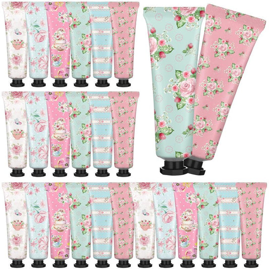 Swiffen Tea Party Hand Cream Gift Set Wonderland Floral Tea Party Favor Flower Moisturizing Hand Lotion Bulk Dry Cracked Care Cream Teapot Favor Boxes Treat Gift Goodie for Baby Shower, 20 ml(24 Pcs)