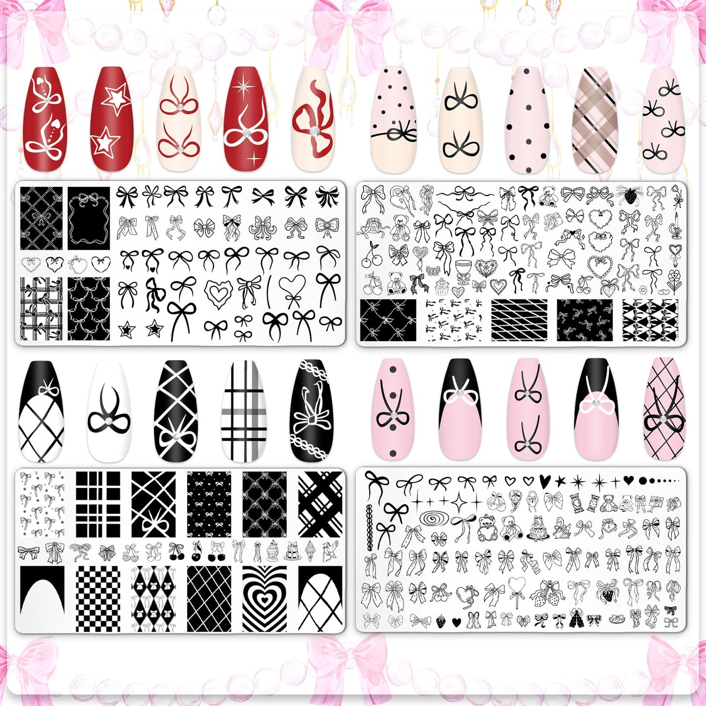JarThenaAMCS 4Pcs Bow Nail Plates Stamping Set Heart Bear Bowknot Stamp Templates Nail Art Plates for Coquette DIY Print Manicure Salon Design