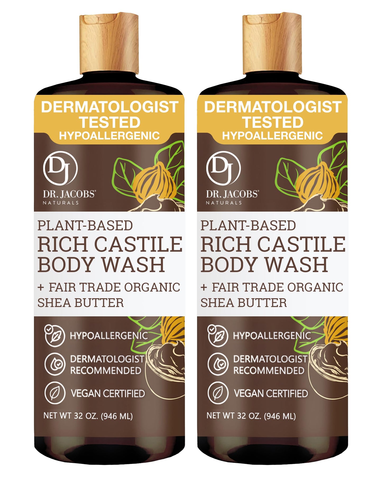 Dr. Jacobs Naturals Pure Castile Soap Liquid Body Wash, Shea Butter - Plant Based Soap Infused with Vitamin E and Aloe Vera to Moisturize Dry and Sensitive Skin - Made in the USA - 32 oz, Pack of 2