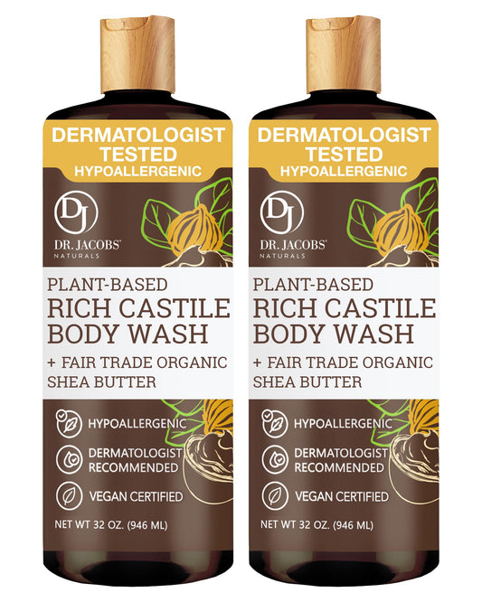 Dr. Jacobs Naturals Pure Castile Soap Liquid Body Wash, Shea Butter - Plant Based Soap Infused with Vitamin E and Aloe Vera to Moisturize Dry and Sensitive Skin - Made in the USA - 32 oz, Pack of 2