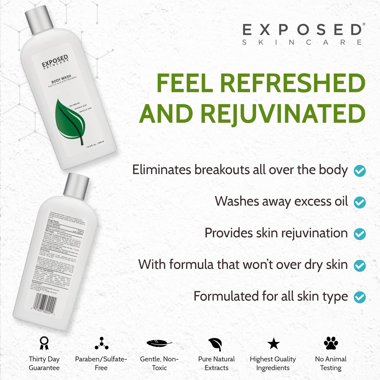 Exposed Skin Care, Body Acne Wash with Salicylic Acid, Glycolic Acid and Tea Tree Oil – Tri-Powered Gentle Exfoliating Cleanser for Back, Chest and Body Acne – Natural, Non-toxic and Cruelty Free