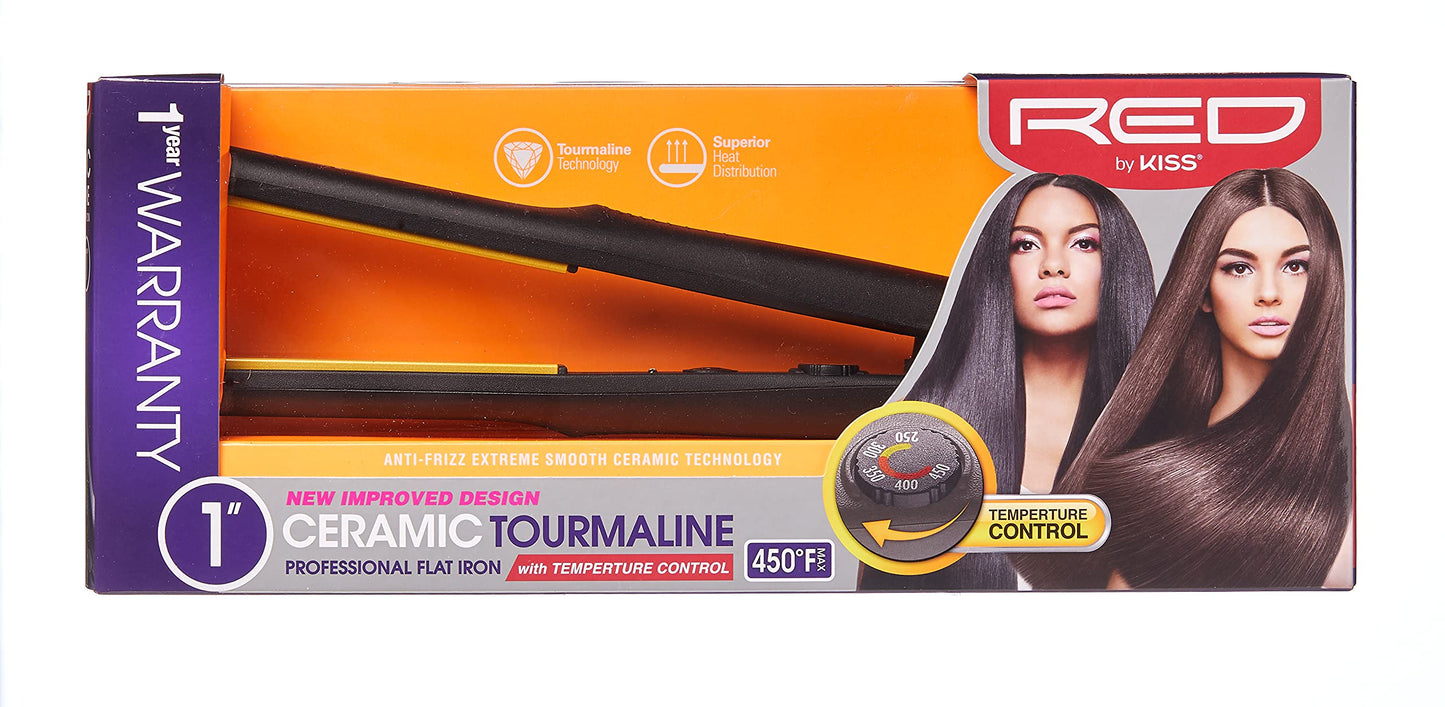 Red by Kiss Ceramic Tourmaline Professional Flat Iron – 1” Hair Straightener with Temperature Control up to 450°F, Anti-Frizz & Heat Damage Protection, Smooth, Frizz-Free Salon Quality Results