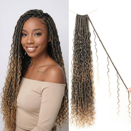 9 packs Boho Faux Locs Crochet Hair, 30 Inch, Ombre Honey Blonde Pre Looped Goddess Soft Locs Crochet Hair with Curly Ends, Bohemian River Locs for Black Women(T1B/27#, 30 Inch)