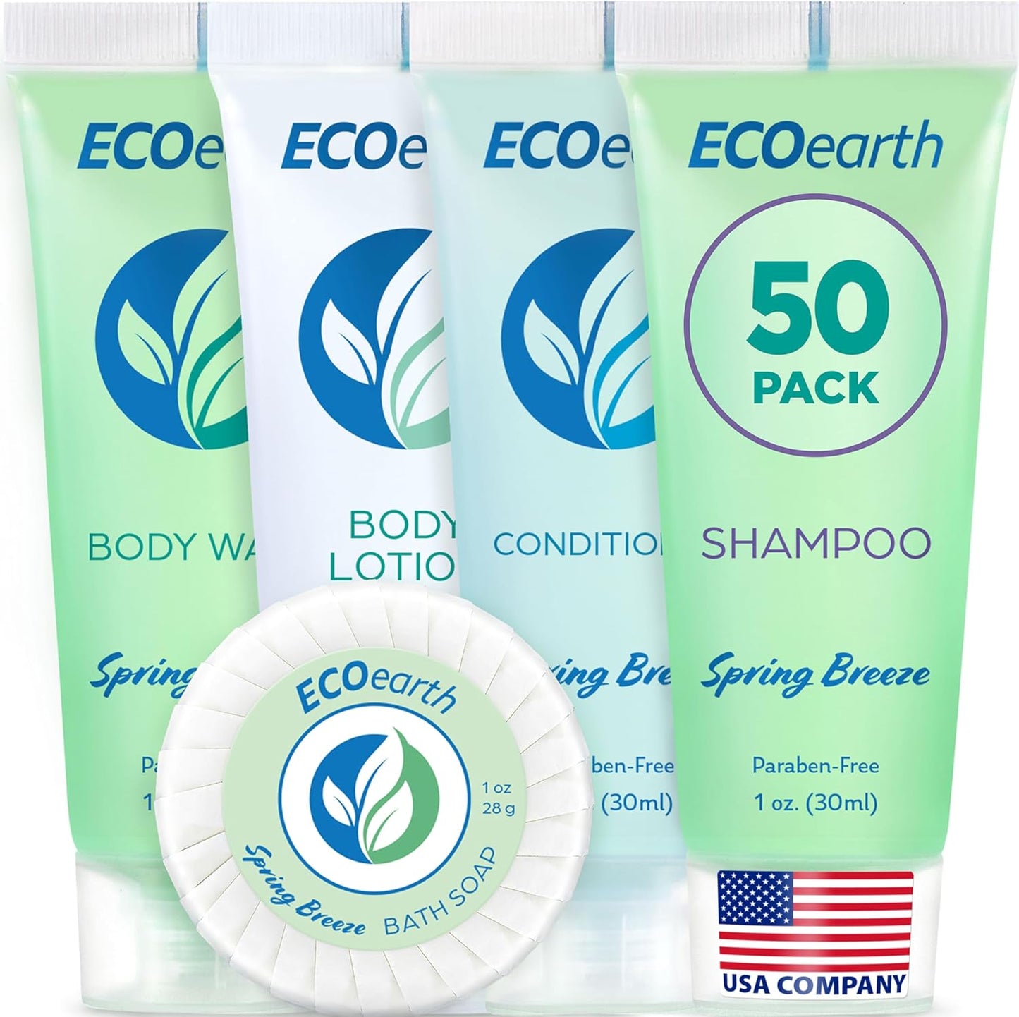 EcoEarth Hotel Toiletries Bundle - Spring Breeze 5-Piece Set | 1 oz Each, 250 Pieces of Soap, Shampoo, Conditioner, Lotion & Wash