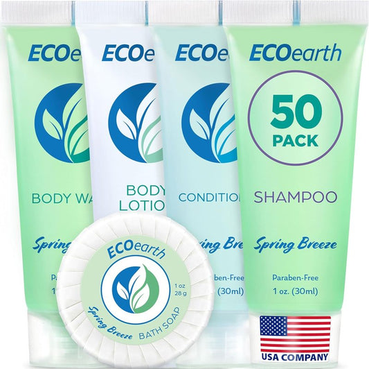EcoEarth Hotel Toiletries Bundle - Spring Breeze 5-Piece Set | 1 oz Each, 250 Pieces of Soap, Shampoo, Conditioner, Lotion & Wash