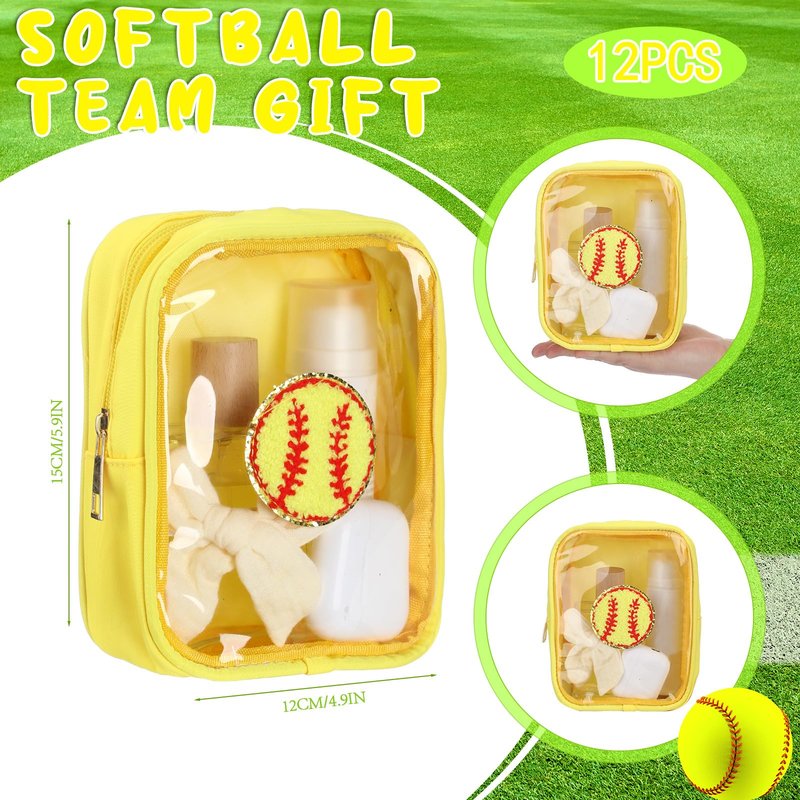 Reginary 12 Pcs Softball Party Favors Clear Softball Makeup Bag with Chenille Patch Portable Cosmetic Bag for Team Gifts Waterproof Travel Size