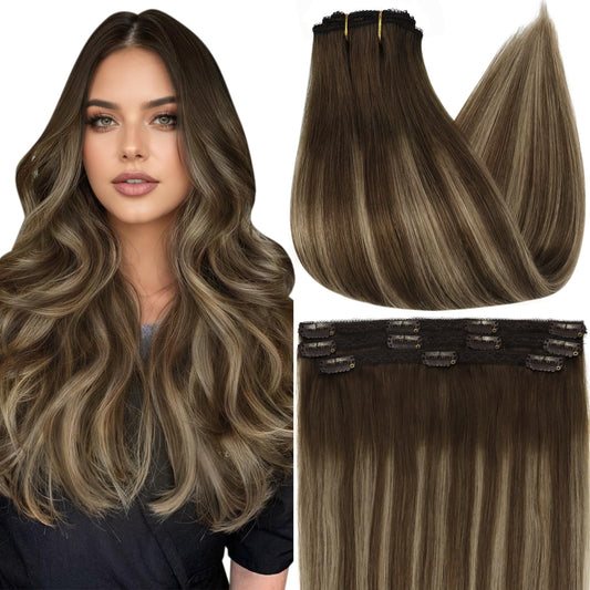 Full Shine Human Hair Extensions Clip Ins Ombre, 16 Inch 3 Pcs 60g