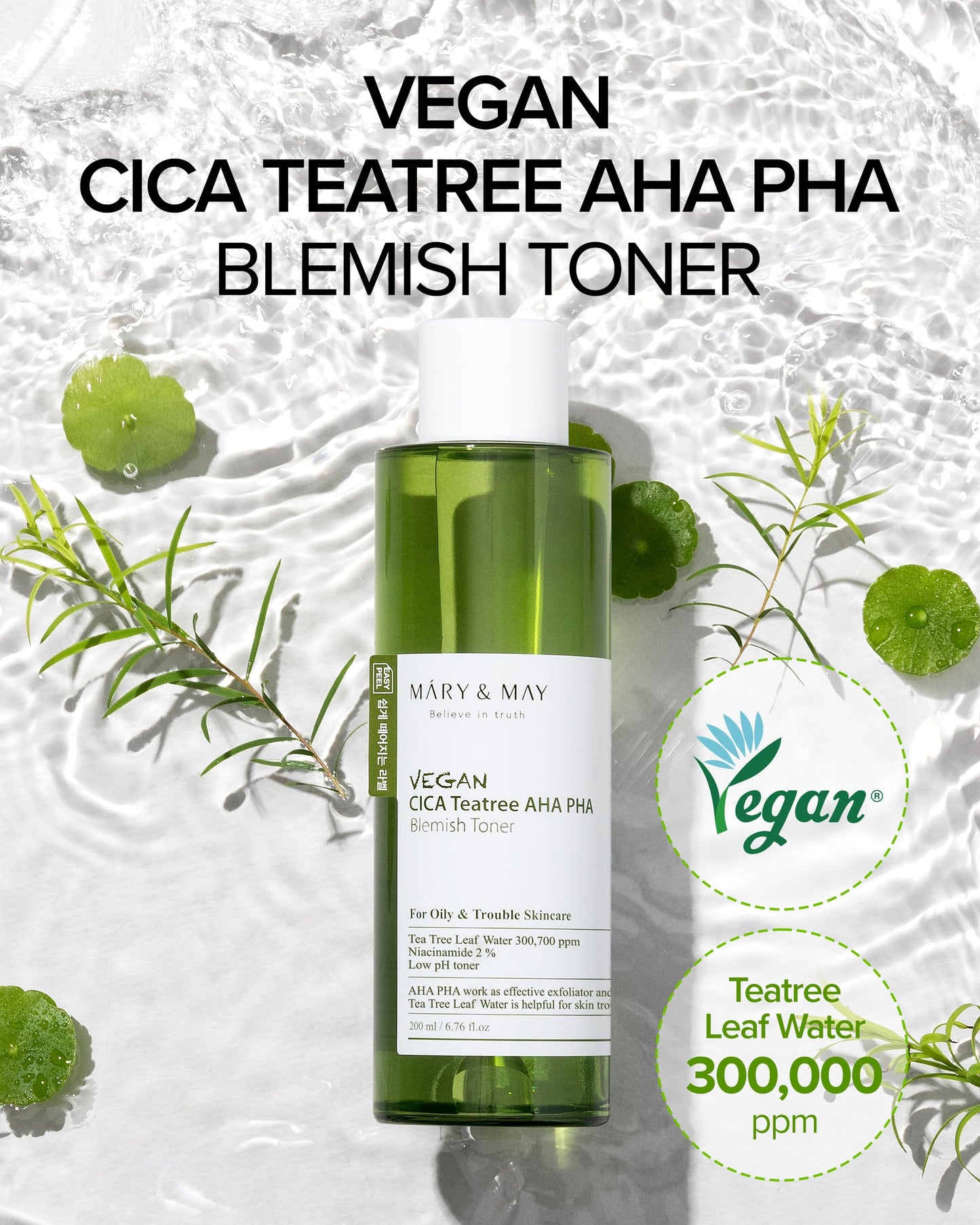 Mary&May Vegan CICA Tea Tree AHA PHA Blemish Toner - Oil Control and Skin Soothing Exfoliating Face Toner - Protects Skin Barrier, for Clear and Healthy Skin, 6.76 fl.oz.