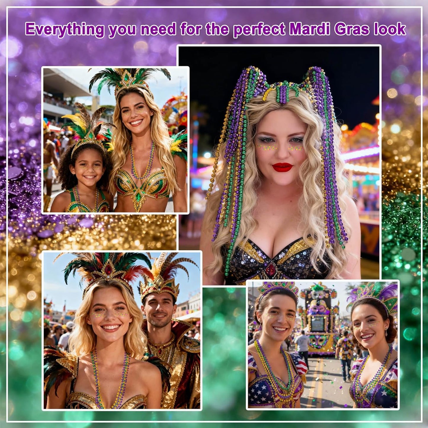 Face & Hair Glitter Makeup Set - Purple, Green & Gold for Mardi Gras | 10 PCS 7mm Bead Necklaces