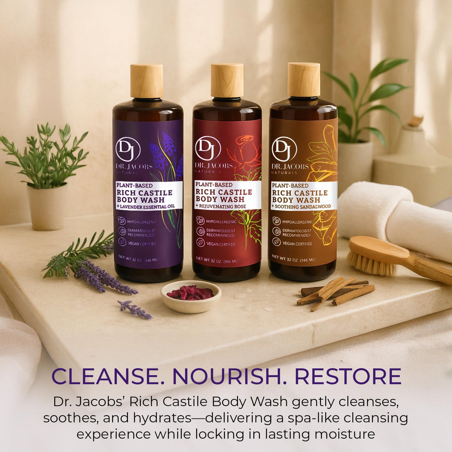 Dr. Jacobs Naturals Castile Lavender All-Natural Body Wash for Moisturizing Dry and Sensitive Skin with Plant-Based Ingredients with Pump - 32 Ounce