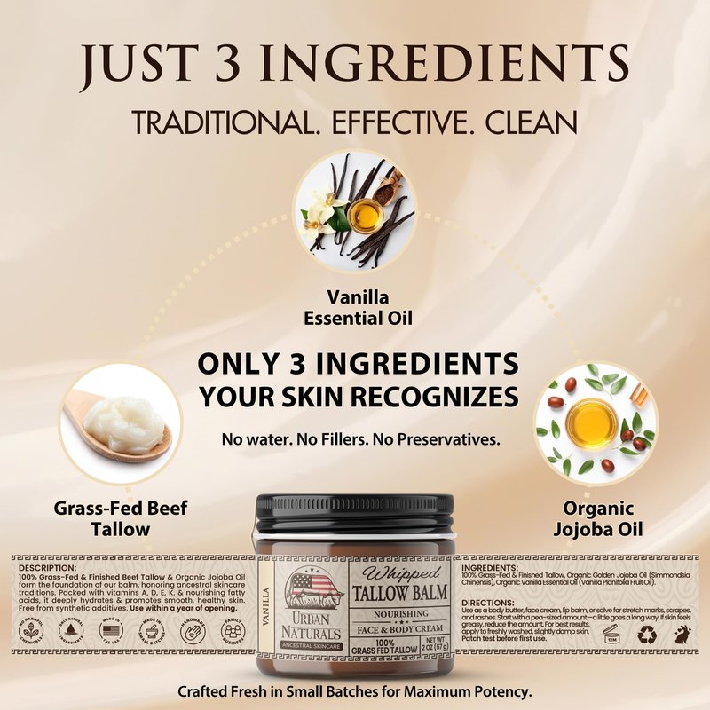 Urban Naturals Handmade Whipped Tallow Balm (Vanilla) - 100% Grass-fed Organic Body Butter with Infused Jojoba Oil, for Eczema, Rosacea, Baby - 2 oz