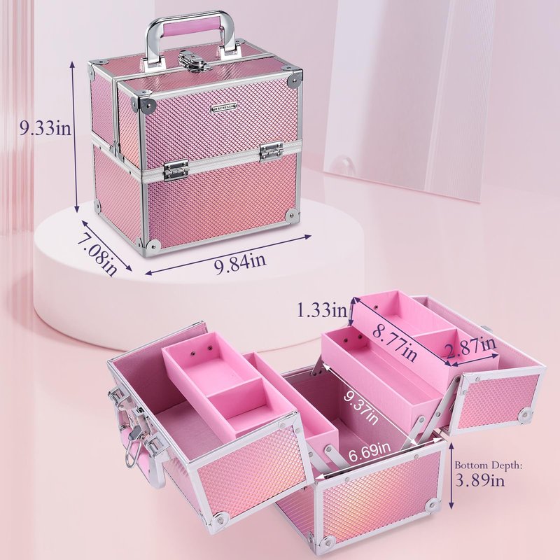 Frenessa Makeup Case Makeup Box Cosmetic Organizer Case Portable Make Up Artist Travel Case Storage Box 4 Trays with Dividers Lockable Hard Train Case Nail Tech Supply Storage Mermaid Pink