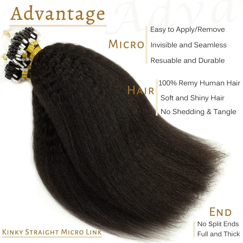Caliee Microloop Hair Extensions Microlink Human Hair for Black Women Kinky Straight 16 Inch Micro Beads Hair Extensions Human Hair Natural Black 1B Color 50g 50s