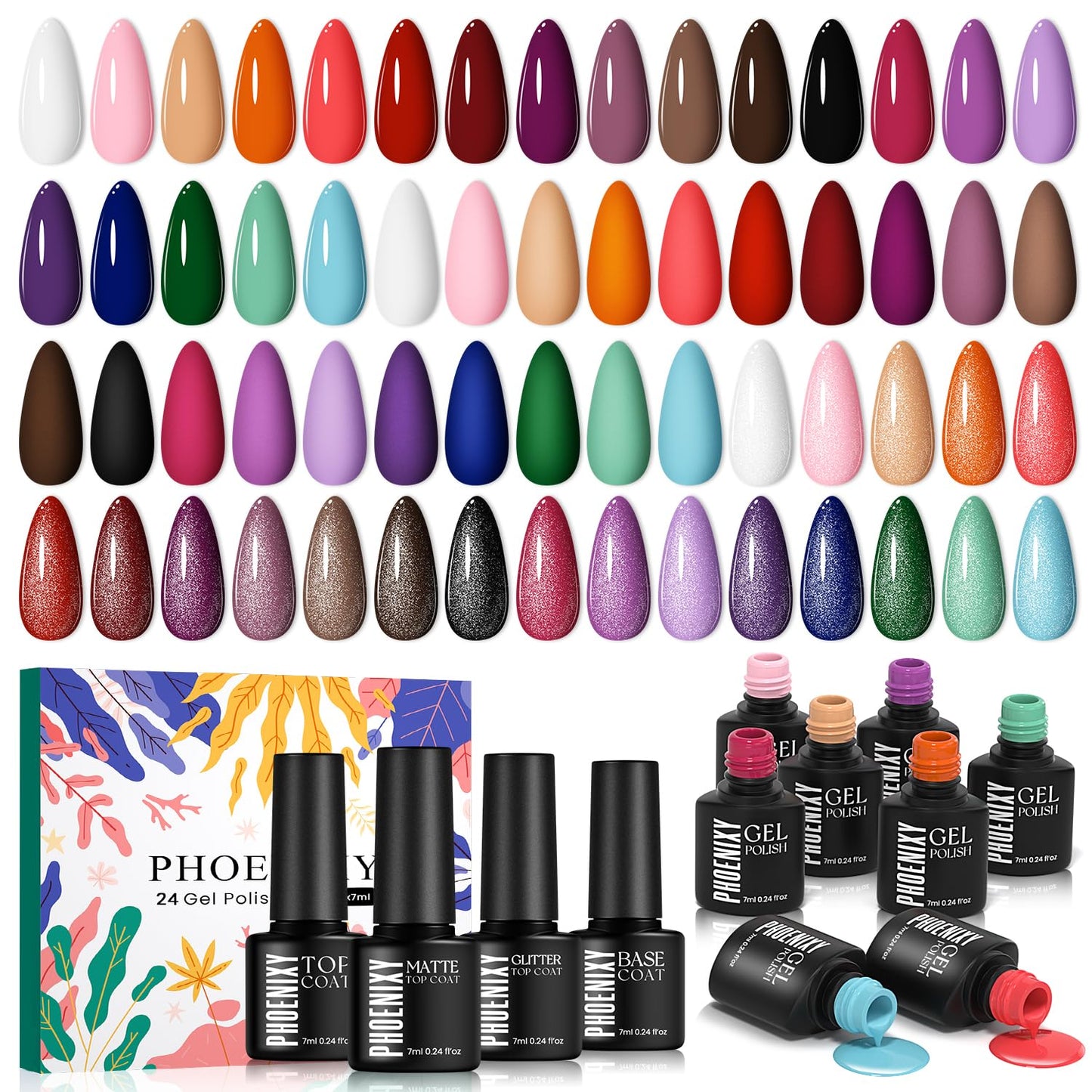 phoenixy 24Pcs Gel Nail Polish Set, 20 Colors Purple Red Burgundy Brown Dark Gel Polish with Base & Glossy, Matte, Glitter Top Coat Soak off Gel Polish Kit Gifts for Women Girls Nail Salon at Home