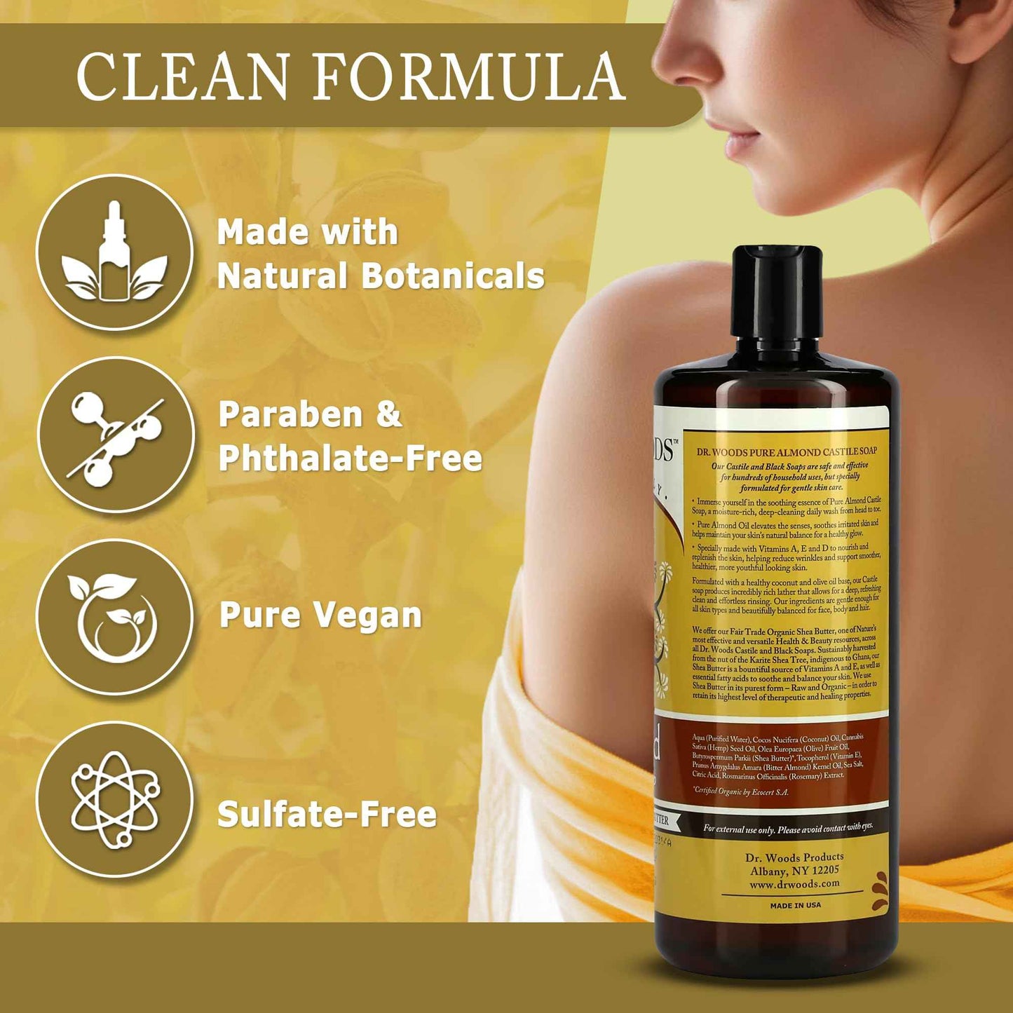 Dr. Woods Almond Liquid Castile Soap with Pump- Castile Soap with Pure Almond Oil, Body Wash for Men and Women, Contains Organic Shea Butter, Natural Cleaner for Face, Hands, and Body - 32 Fl Oz