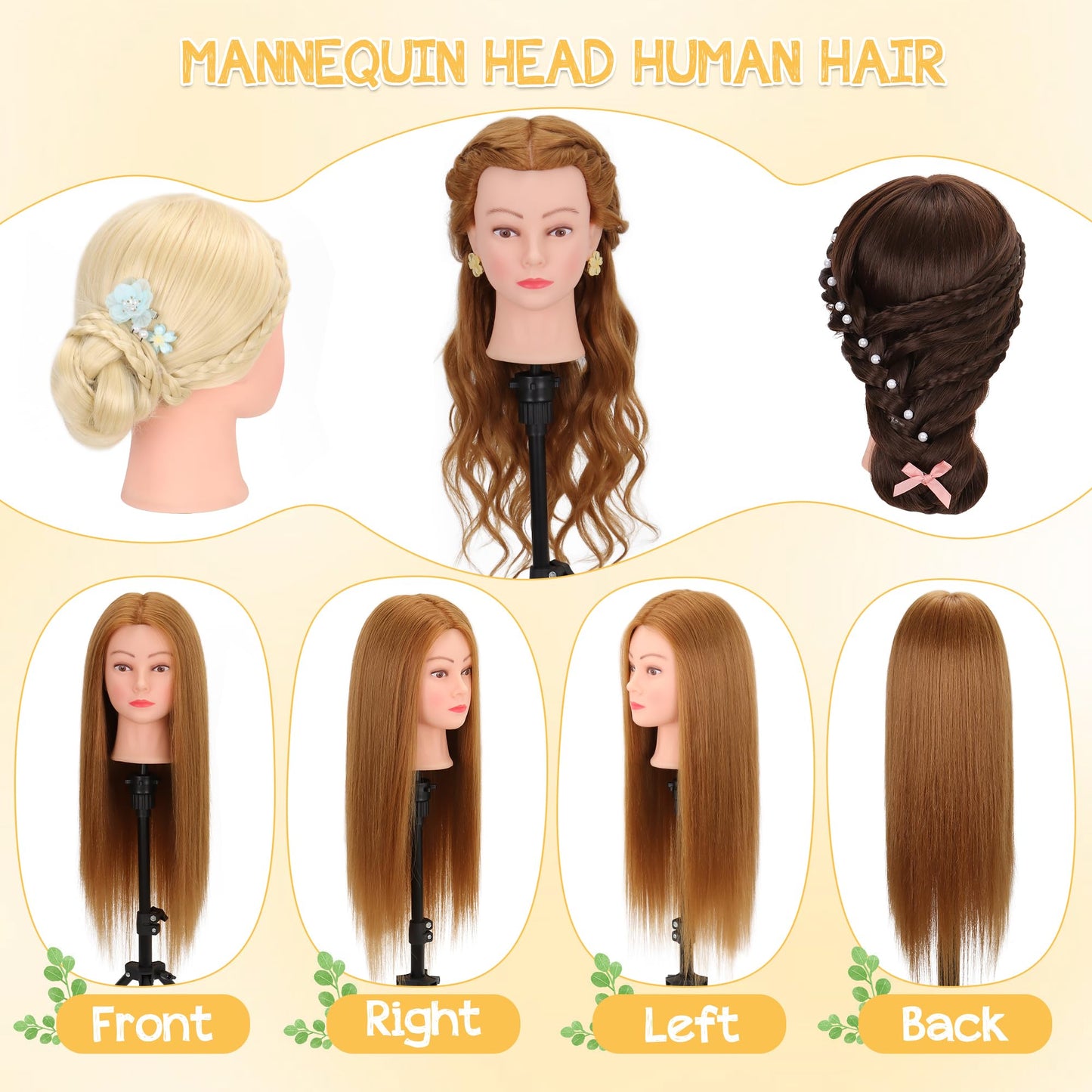 Mannequin Head with 80% Human Hair 26-28’’,Cosmetology Mannequin Practice Head with Human Hair, Doll Head for Braiding Hairstyling Cutting with Clamp Holder and Tools