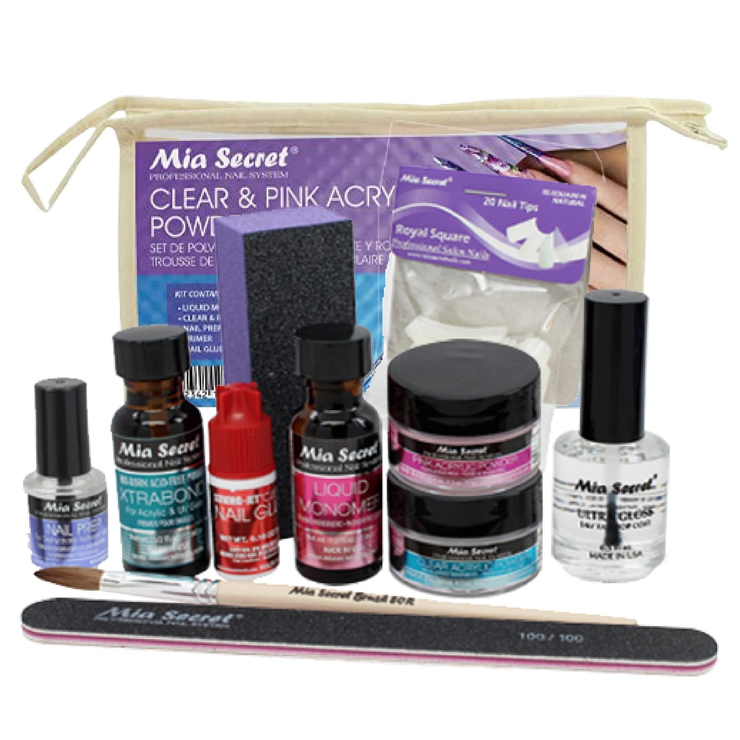 Mia Secret Acrylic Nail Kit/set For beginners - Nails Kit With Pink Acrylic Powder and Clear Acrylic Powder With Everything - Starter Kit de Uñas Acrilicas Mia Secret - Uñas Completo