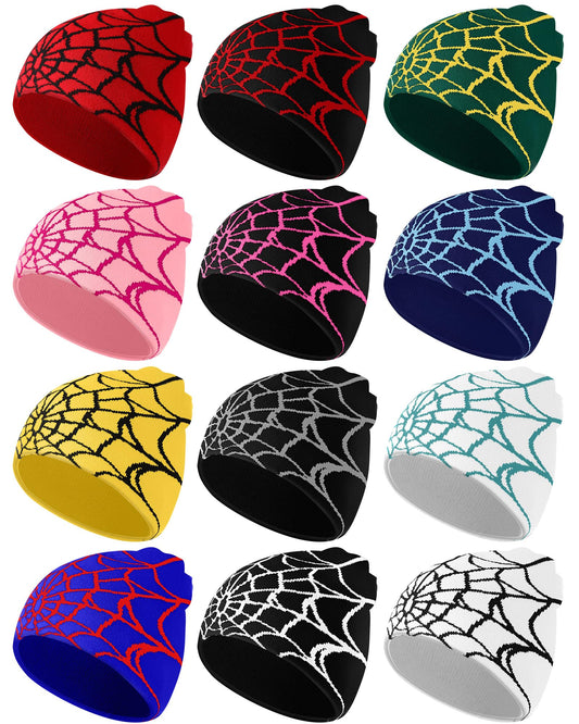 Toulite 12 Pieces Y2K Spider Web Beanie Gothic Graphic Beanies Outdoor Winter Warm Knitted Hat for Men Women(Multicolor,Classic)