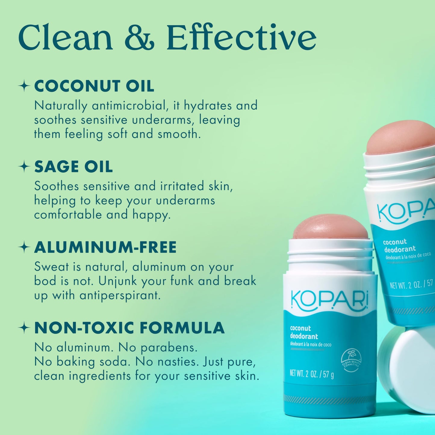 Kopari Aluminum Free Coconut Deodorant, Plant-Based Formula, No Aluminum, Parabens or Baking Soda, Everyday Odor Protection, Original, 2 Pack