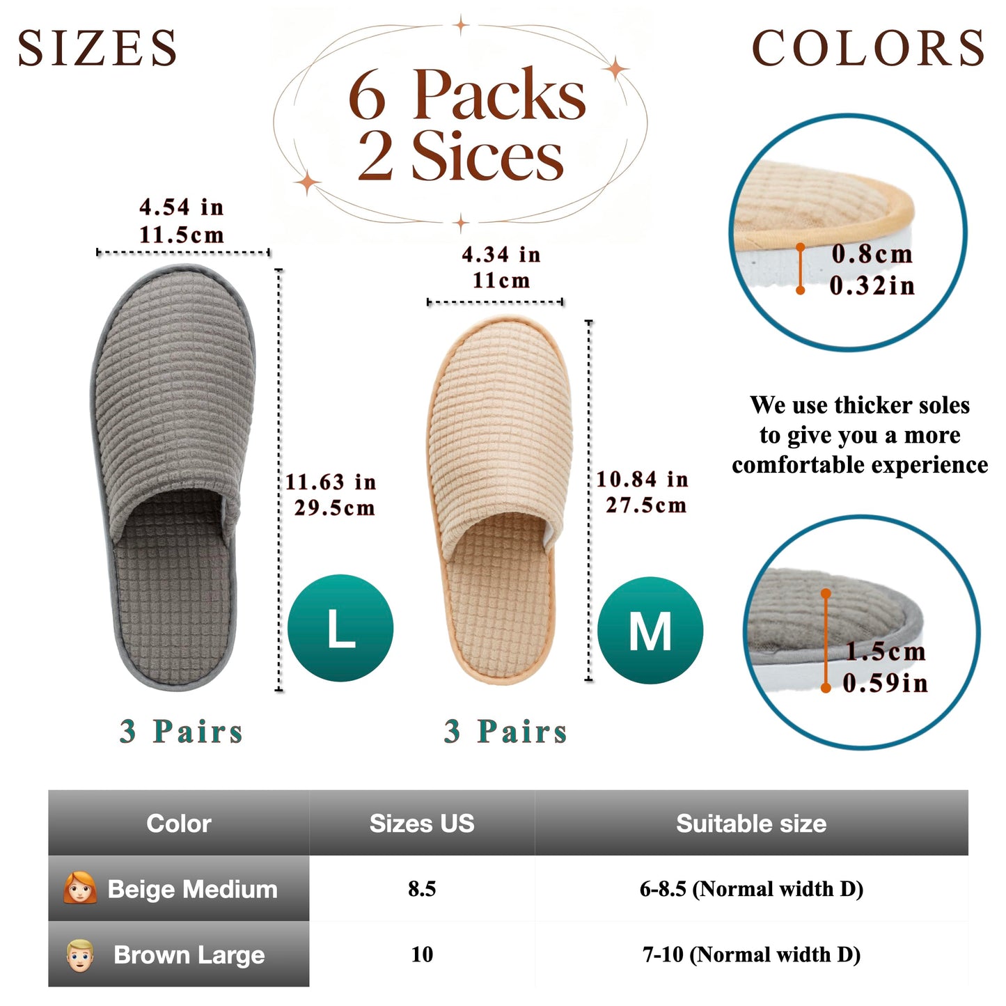 OSTADARRA 6 Pairs Spa Slippers, Non Slip Disposable Slippers For Guest, Washable Reusable, Which Can Be Used As Women Men, House, Indoor, Bathroom, Bedroom, Hotel, Bride Slippers (2 sizes)