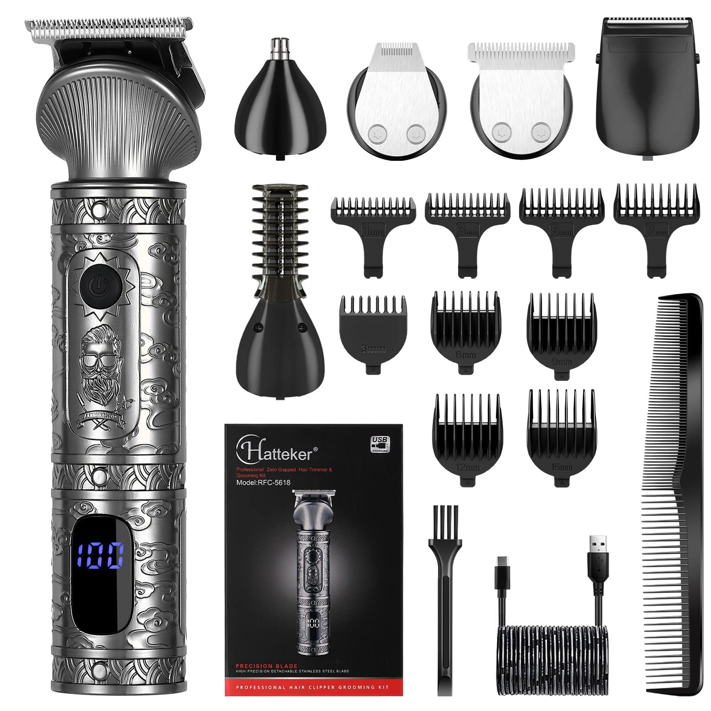 Hatteker Beard Trimmer Kit for Men Professional Hair Clipper T-Blade Beard Hair Shaver Nose Trimmer Hair Cutting Kit Body Grooming Kit Cordless 6 in 1