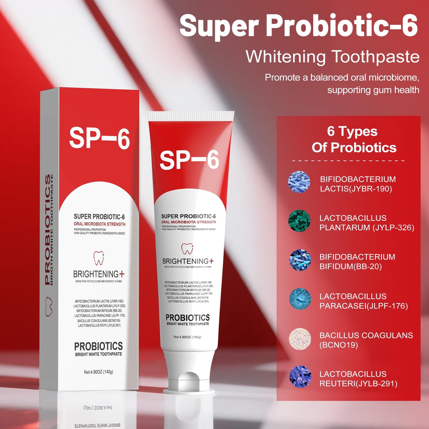 SP-6 Probiotic Whitening Toothpaste for Teeth Whitening/Brightening & Fresh Breath, 6 Probiotics Formula for Gum Health, Fluoride-Free, Minty Fresh Flavor,4.9 oz (4, Mint 4)