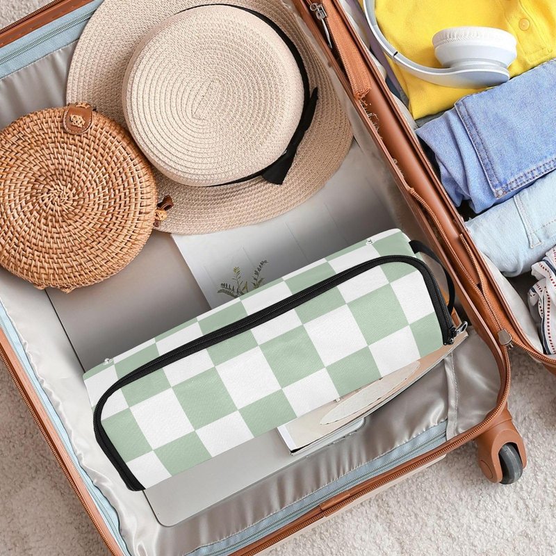 Checkered Green and White Hair Tools Travel Bag with Heat Resistant Mat Detachable 2-in-1 Curling Iron Travel Case Hot Tools Organizer for Straightener Flat Iron