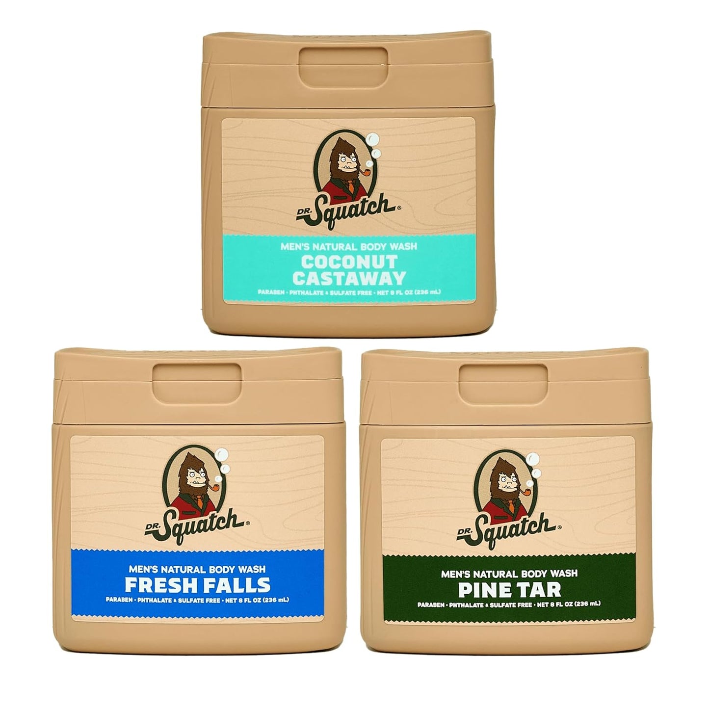 Dr. Squatch Body Wash for Men - Nourishing Natural Ingredients | Moisturizing 8 oz (3-Pack) - Fresh Falls, Coconut Castaway & Pine Tar