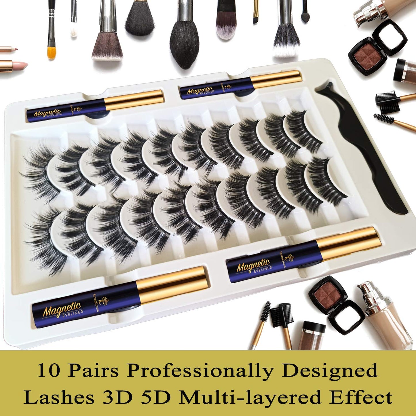 7C SevenCrown 10 Pairs Magnetic Eyelashes Magnetic Lashes with Applicator.Upgraded 4 Tubes of Liner Waterproof, Long Lasting, 3D Natural Look,Reusable False Faux Lashes Easy to Apply.