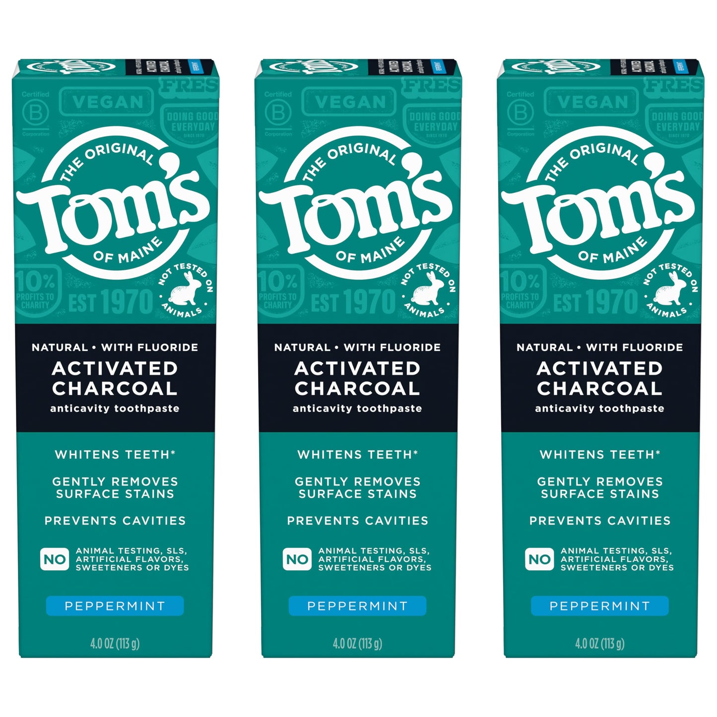 Tom’s of Maine Natural Activated Charcoal Toothpaste with Fluoride, Peppermint, 3 Pack, 4.0 Oz
