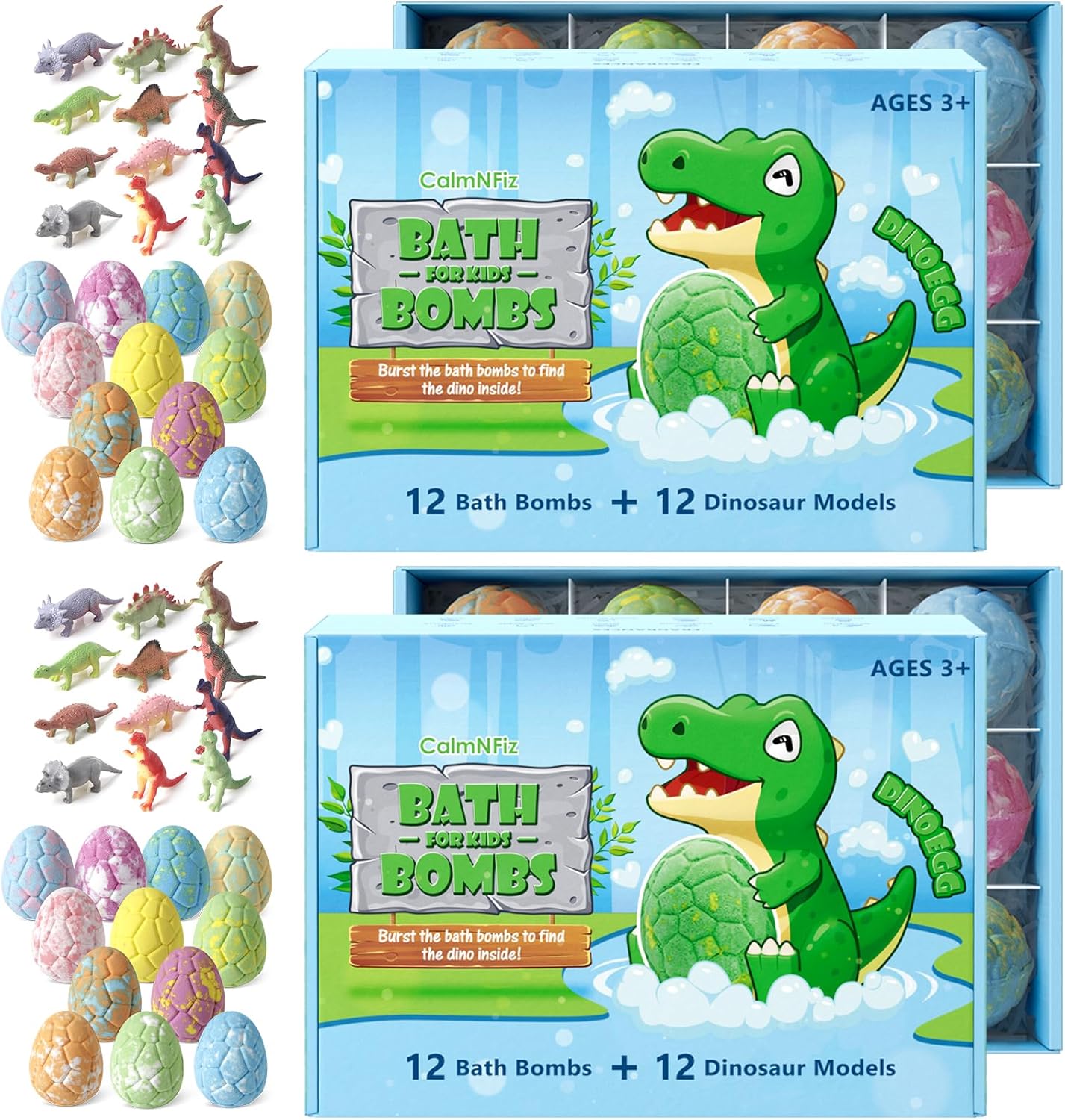 CalmNFiz Bath Bombs - Organic Bubble Bath Bombs with Surprise Dinosaur Toys | 24-Pack Gift Set for Kids