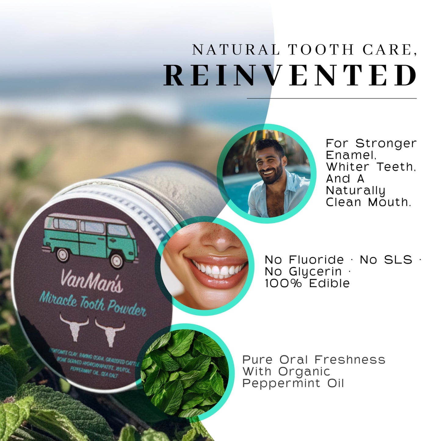 Vanman’s - Mint and Bone Tooth Powder Toothpaste - Remineralizing Tooth Powder with Cattle Bone Derived Hydroxyapatite, Bentonite Clay, Peppermint Oil and Baking Soda - 2.2 oz
