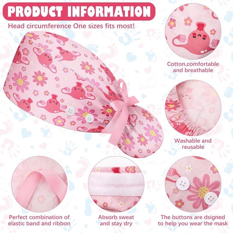 Labor and Delivery Scrub Caps - 6 Pcs Adjustable Nursing Hats with Sweatband Buttons for Midwives | Women’s Healthcare