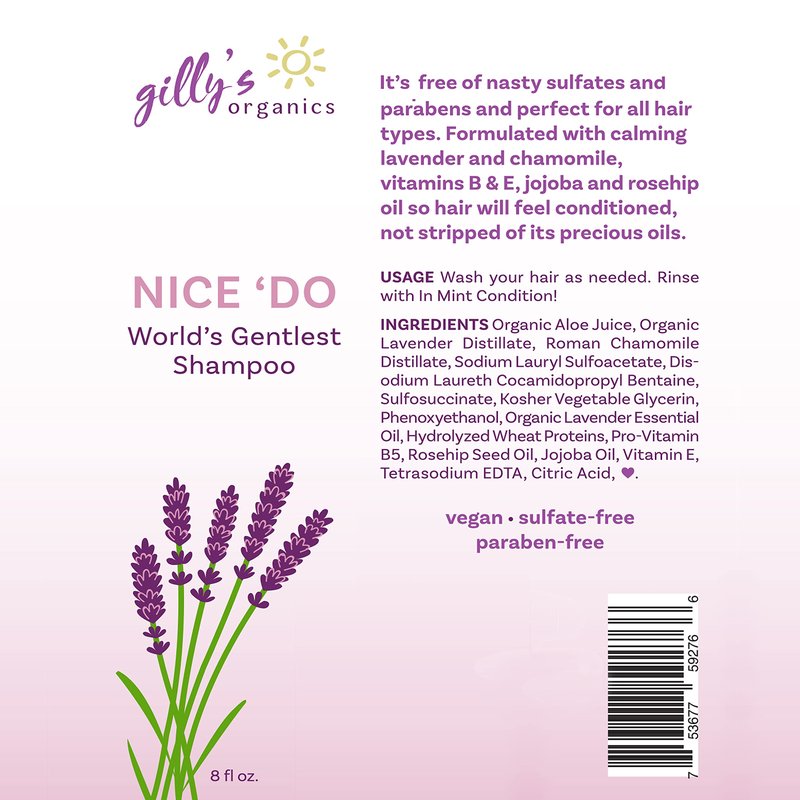 Gilly's Organics Organic Shampoo, Fresh Lavender Scent - Made in USA 2-in-1 Natural & Super Gentle Cleaner For Soft & Thick Hair - Infused with Aloe & Chamomile - Vegan, No Parabens or Sulfates