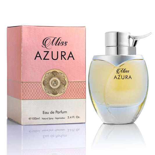 Miss Azura - Top Notes of Ginger Flower, Orange Blossom, Pink Pepper & Pomegranate - Middle Scent of Dulce de Leche & Datura - Base of Tonka Bean, Patchouli & Haitian Vetiver - Elegant 100ml Bottle