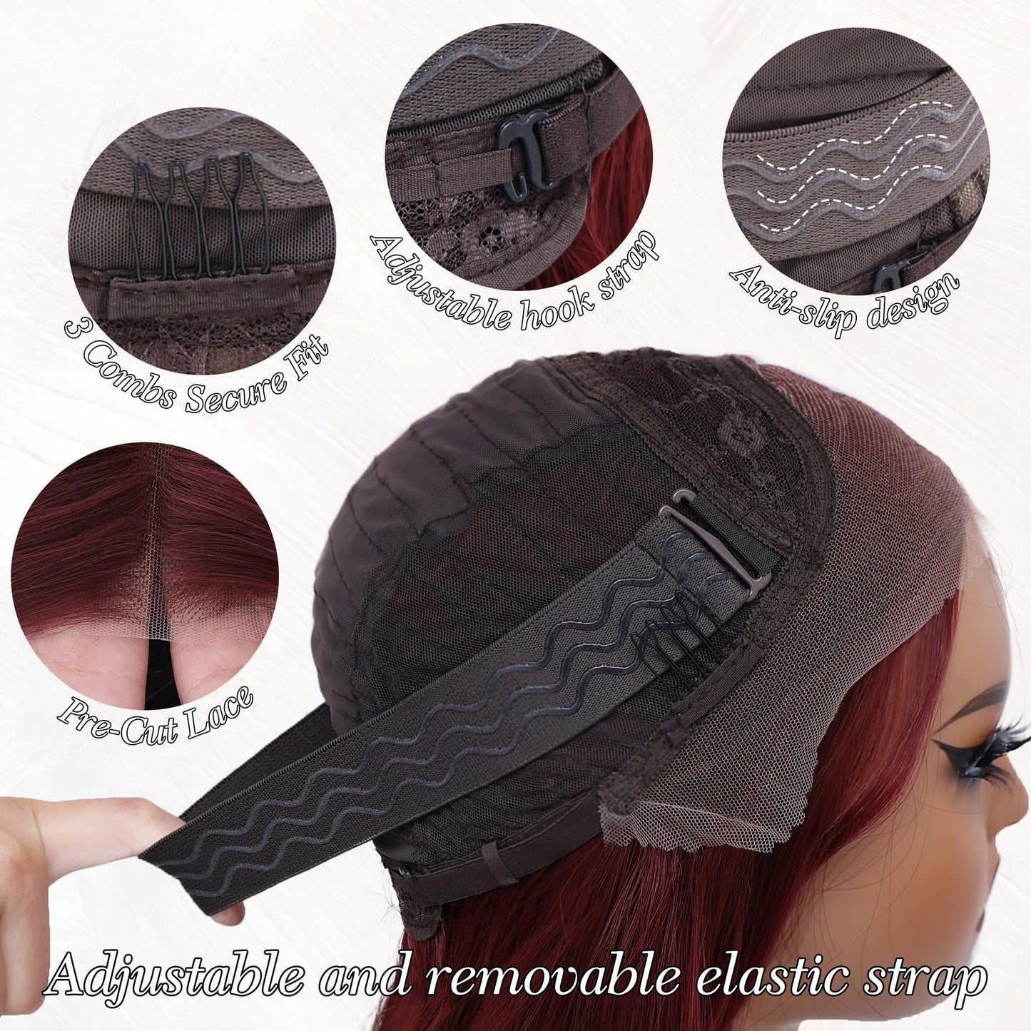 WECAN Wine Red-Synthetic Lace Front Wig Glueless Wig 13X4 Pre Plucked Pre Cut Wavy Wig